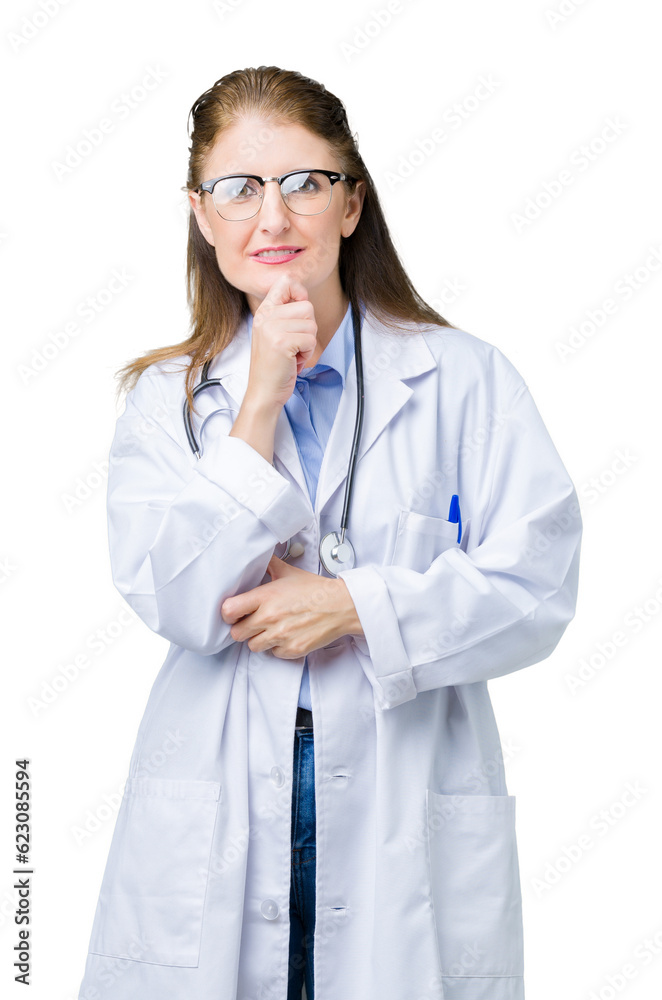 Middle age mature doctor woman wearing medical coat over isolated background looking confident at the camera with smile with crossed arms and hand raised on chin. Thinking positive. Middle age mature doctor woman wearing medical coat over isolated background looking confident at the camera with smile with crossed arms and hand raised on chin. Thinking positive.