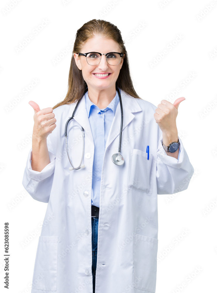Middle age mature doctor woman wearing medical coat over isolated background success sign doing positive gesture with hand, thumbs up smiling and happy. Looking at the camera with cheerful expression Middle age mature doctor woman wearing medical coat over isolated background success sign doing positive gesture with hand, thumbs up smiling and happy. Looking at the camera with cheerful expression