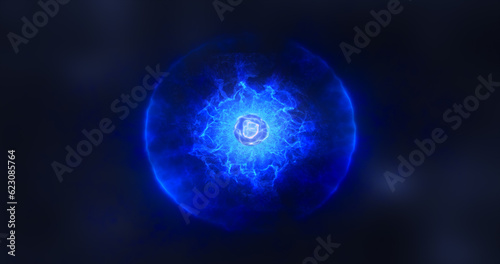 Abstract sphere atom with electrons flying glowing bright particles and energy magic field, science futuristic hi-tech background