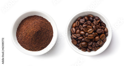 Flat lay of Roasted Coffee beans and ground coffee in white bowl isolated on white background. Clipping path.