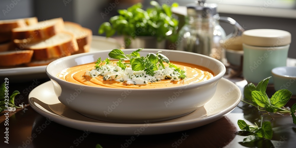 AI Generated. AI Generative. Red tomato soup bowl plate. Restaurant organic vegetarian food meal home classic vibe. Graphic Art AI Generated. AI Generative. Red tomato soup bowl plate. Restaurant organic vegetarian food meal home classic vibe. Graphic Art