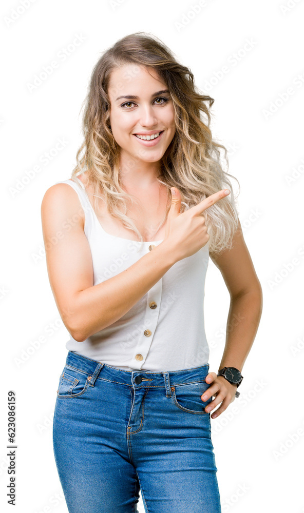 Young beautiful blonde woman over isolated background cheerful with a smile of face pointing with hand and finger up to the side with happy and natural expression on face Young beautiful blonde woman over isolated background cheerful with a smile of face pointing with hand and finger up to the side with happy and natural expression on face