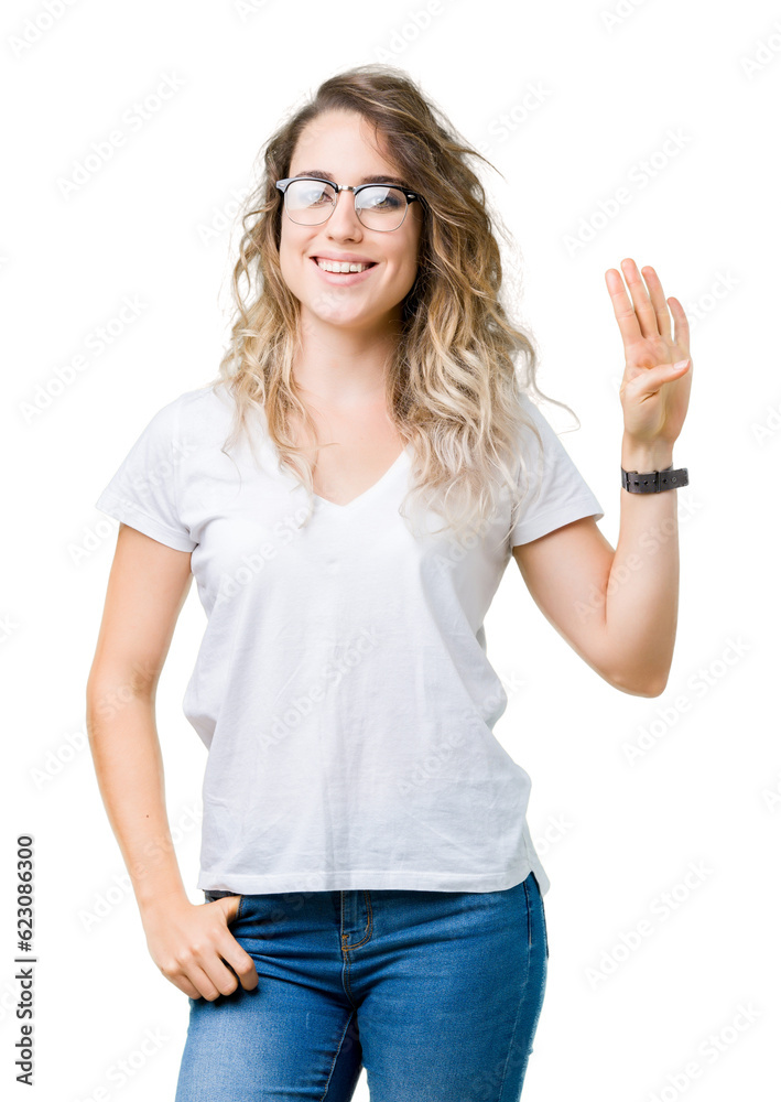 Beautiful young blonde woman wearing glasses over isolated background showing and pointing up with fingers number four while smiling confident and happy. Beautiful young blonde woman wearing glasses over isolated background showing and pointing up with fingers number four while smiling confident and happy.