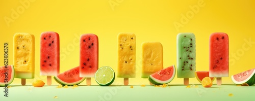 Popsicles of fresh and healthy watermelom on yellow background, panorama. Generative Ai. photo