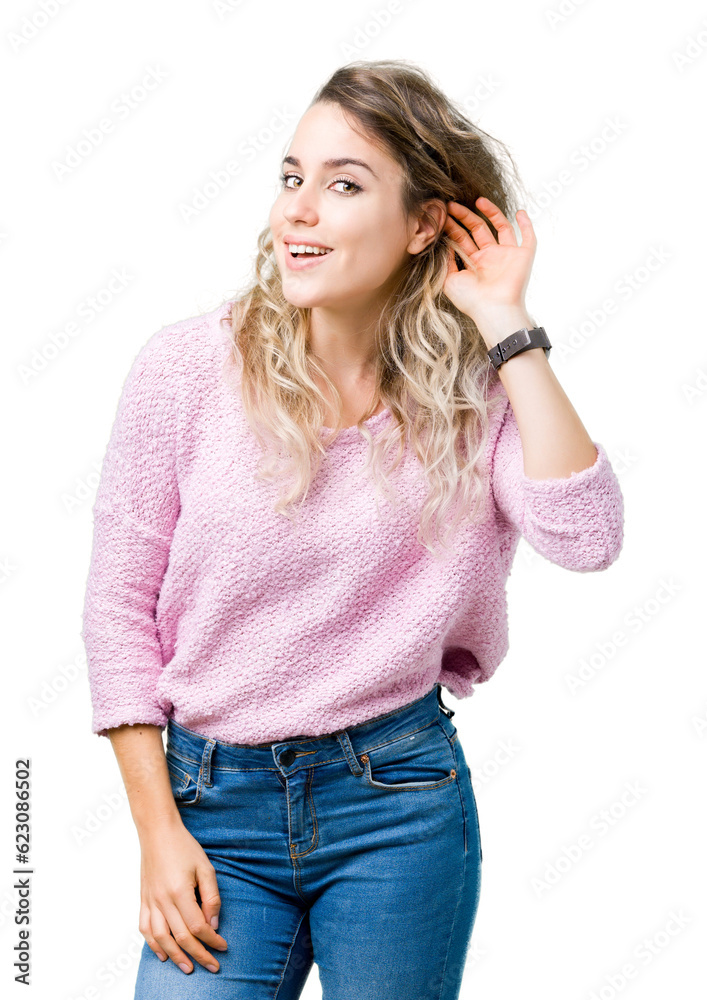 Beautiful young blonde woman over isolated background smiling with hand over ear listening an hearing to rumor or gossip. Deafness concept. Beautiful young blonde woman over isolated background smiling with hand over ear listening an hearing to rumor or gossip. Deafness concept.