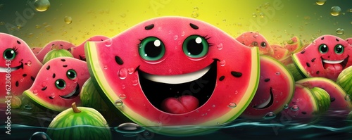 Happy red fresh watermelon with black seeds in, summer healthy food panorama. Generative Ai.