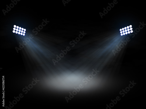 Stadium theater floolights spotlights with light beams on black background