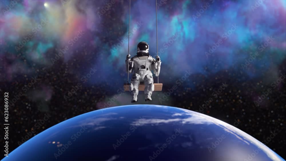 Astronaut swing on background of space. Earth below. Gravity. Surrealism. Starry sky. 3d animation of a seamless loop