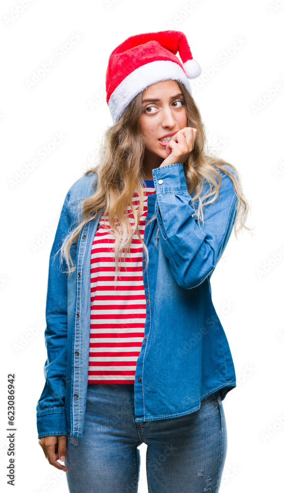 Beautiful young blonde woman wearing christmas hat over isolated background looking stressed and nervous with hands on mouth biting nails. Anxiety problem. Beautiful young blonde woman wearing christmas hat over isolated background looking stressed and nervous with hands on mouth biting nails. Anxiety problem.