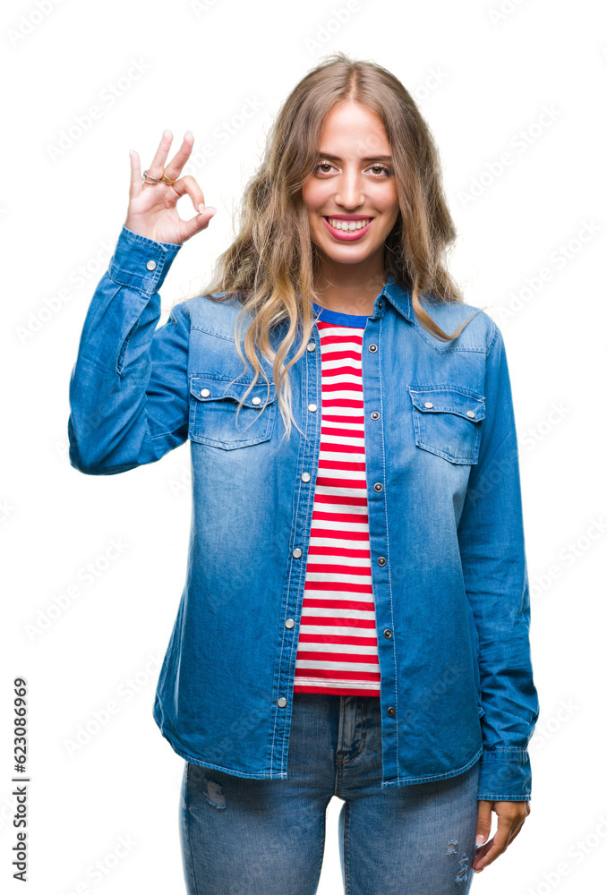 Beautiful young blonde woman over isolated background smiling positive doing ok sign with hand and fingers. Successful expression. Beautiful young blonde woman over isolated background smiling positive doing ok sign with hand and fingers. Successful expression.