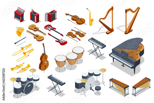 Isometric set of music instrument Cello, Clarinet, trombone, piano, Xylophone. Musical instruments isolated under a white background