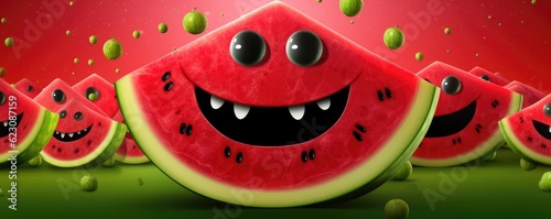 Happy red fresh watermelon with black seeds in, summer healthy food panorama. Generative Ai.