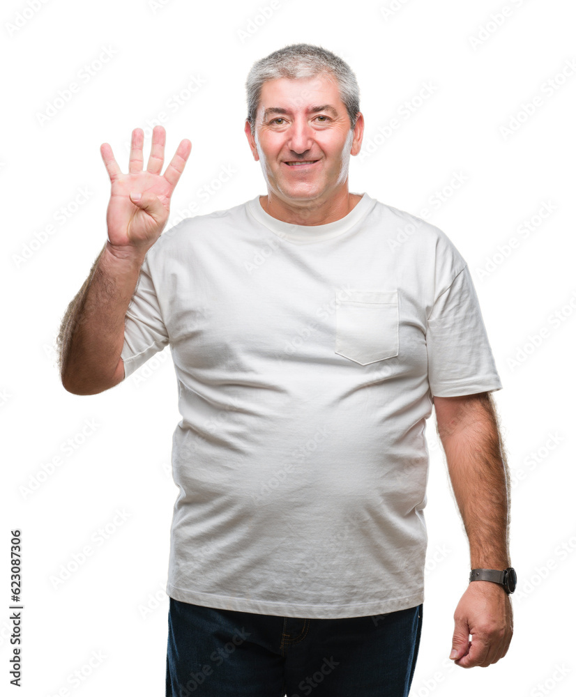 Handsome senior man over isolated background showing and pointing up with fingers number four while smiling confident and happy. Handsome senior man over isolated background showing and pointing up with fingers number four while smiling confident and happy.