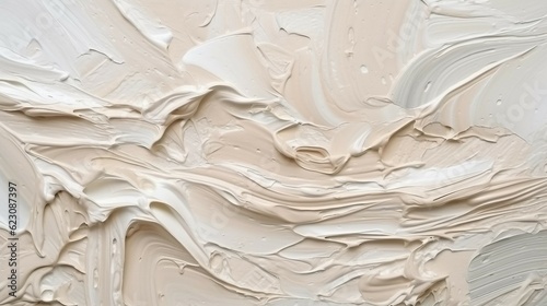 Close up of oil painting texture with brush strokes and palette knife strokes in white and grey colors, ai generated