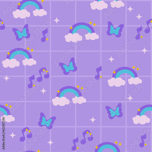 Seamless pattern butterfly rainbows 2000s on violet background in y2k style. Illustration for textile  paper  fabric  background  print design. Vector