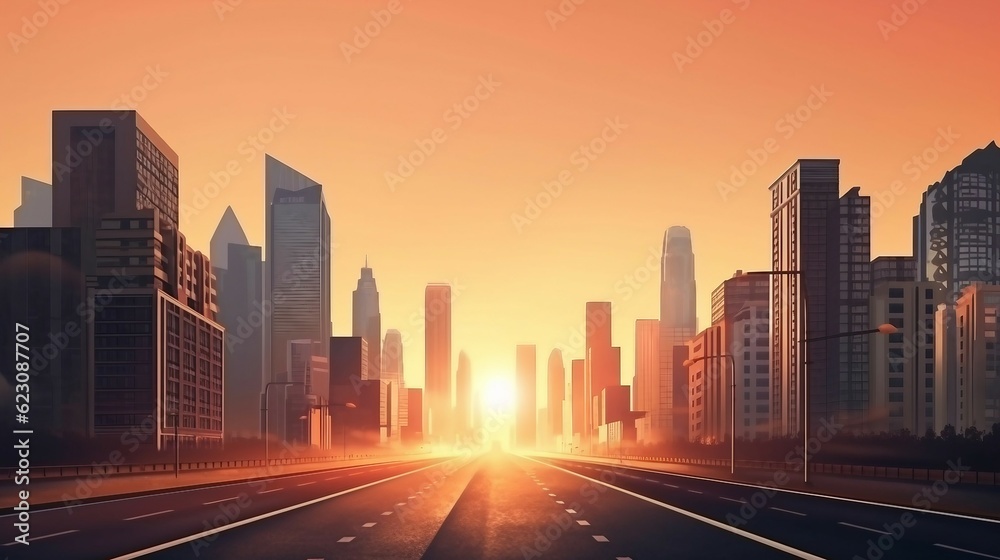 Empty road leading to sunset in a large city street with skyscrapers, ai generated