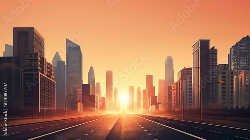Empty road leading to sunset in a large city street with skyscrapers  ai generated