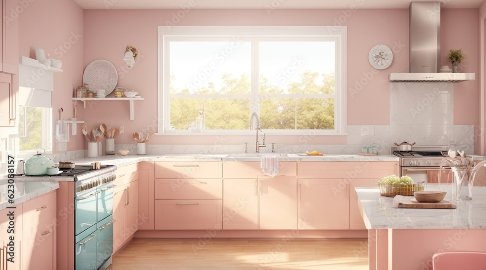 Fototapeta premium Serene Pastel Oasis: American Kitchen