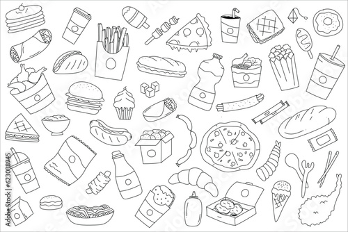 hand drawn set of junk food or fast food doodle illustrations