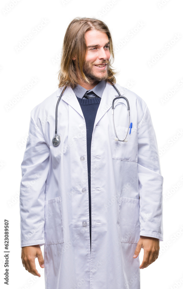 Young handsome doctor man with long hair over isolated background looking away to side with smile on face, natural expression. Laughing confident. Young handsome doctor man with long hair over isolated background looking away to side with smile on face, natural expression. Laughing confident.