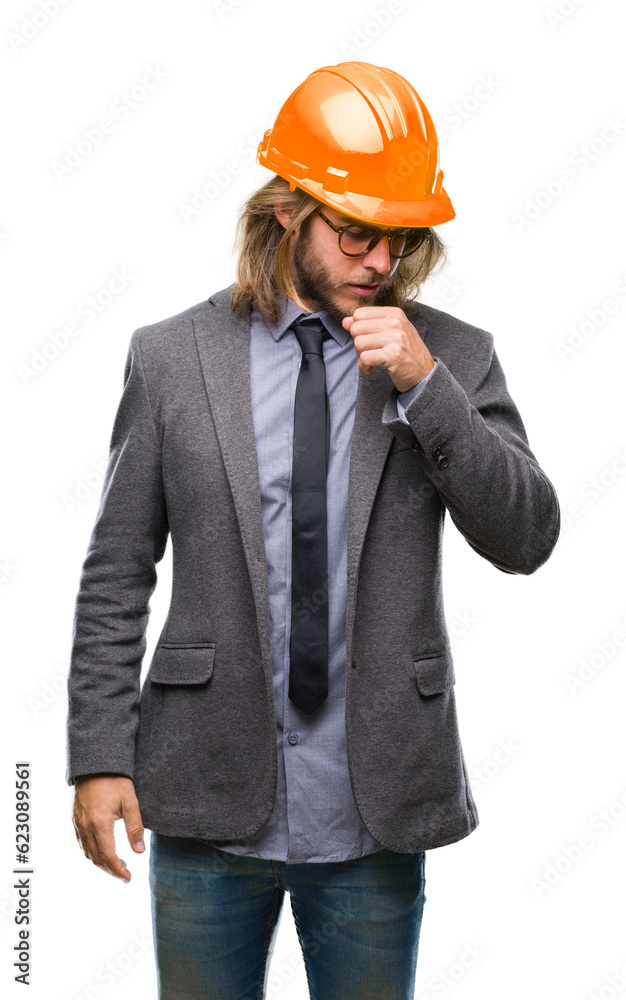 Young handsome architec man with long hair wearing safety helmet over isolated background feeling unwell and coughing as symptom for cold or bronchitis. Healthcare concept. Young handsome architec man with long hair wearing safety helmet over isolated background feeling unwell and coughing as symptom for cold or bronchitis. Healthcare concept.