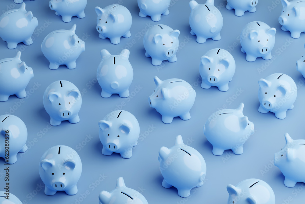 Pink blue piggy banks randomly placed on blue background. Illustration of the concept of personal savings and financial investment - obrazy, fototapety, plakaty 
