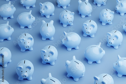 Pink blue piggy banks randomly placed on blue background. Illustration of the concept of personal savings and financial investment