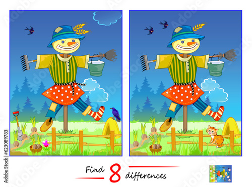 Find 8 differences. Illustration of a cute garden scarecrow. Logic puzzle game for children and adults. Page for kids brain teaser book. Developing to counting skills. Vector cartoon drawing.
