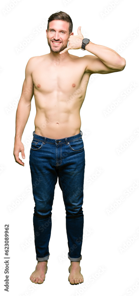 Handsome shirtless man showing nude chest smiling doing phone gesture with hand and fingers like talking on the telephone. Communicating concepts. Handsome shirtless man showing nude chest smiling doing phone gesture with hand and fingers like talking on the telephone. Communicating concepts.