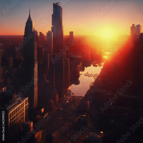 From a top aerial view, the warm sunset bathes the modern buildings of the cityscape in a breathtaking display, blending the beauty of nature with the dramatic, extraordinarily detailed perspective