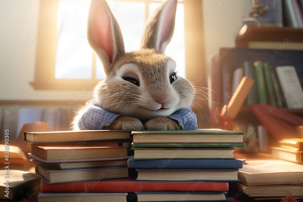 Cute bunny print on a mountain of books.