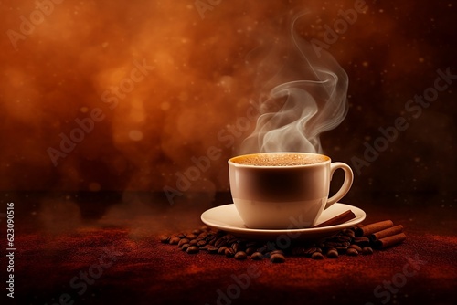 Hot coffee in a steamed cup. Scattered coffee beans with cinnamon