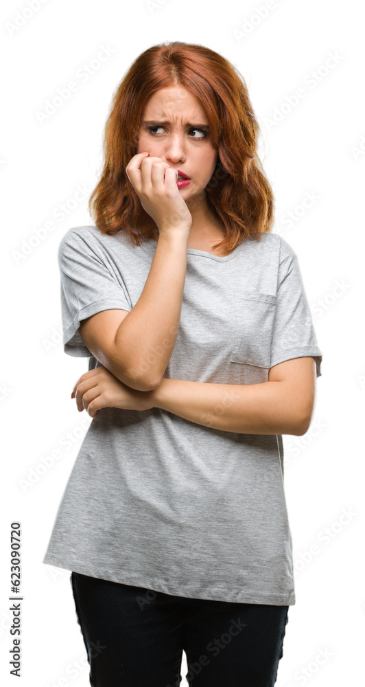 Young beautiful woman over isolated background looking stressed and nervous with hands on mouth biting nails. Anxiety problem. Young beautiful woman over isolated background looking stressed and nervous with hands on mouth biting nails. Anxiety problem.