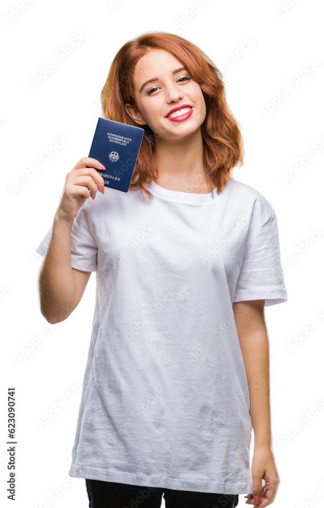 Young beautiful woman holding passport of germany over isolated background with a happy face standing and smiling with a confident smile showing teeth