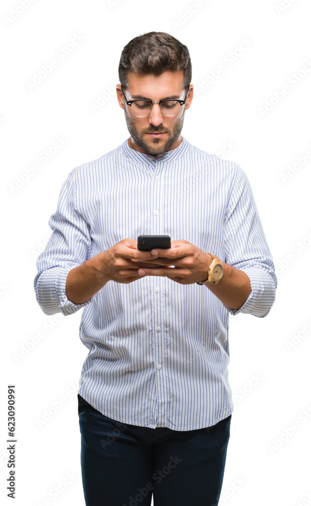 Young handsome man texting using smartphone over isolated background with a confident expression on smart face thinking serious