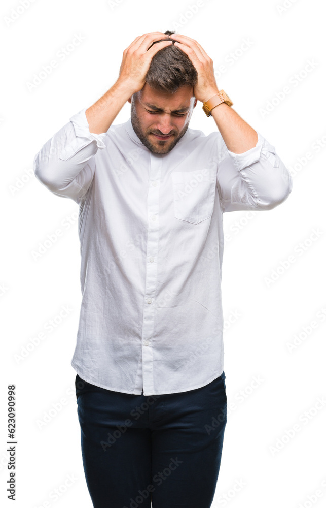 Young handsome man over isolated background suffering from headache desperate and stressed because pain and migraine. Hands on head. Young handsome man over isolated background suffering from headache desperate and stressed because pain and migraine. Hands on head.