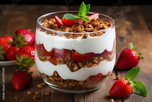 Granola with yogurt and strawberries in a glass