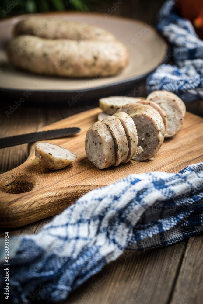 Sliced tasty white sausage. Sliced tasty white sausage.