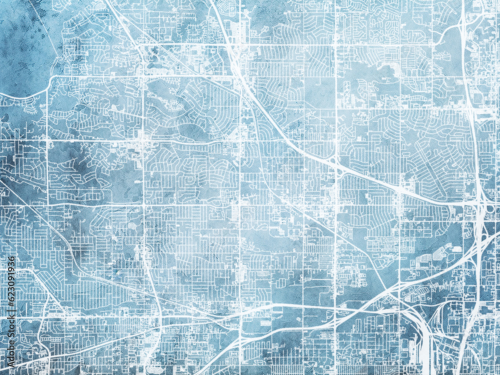 Fototapeta premium Illustration of a map of the city of Westminster Colorado in the United States of America with white roads on a icy blue frozen background.