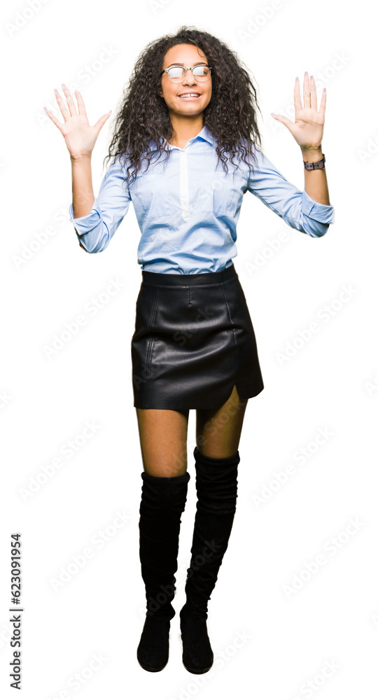 Young beautiful business girl with curly hair wearing glasses showing and pointing up with fingers number ten while smiling confident and happy. Young beautiful business girl with curly hair wearing glasses showing and pointing up with fingers number ten while smiling confident and happy.