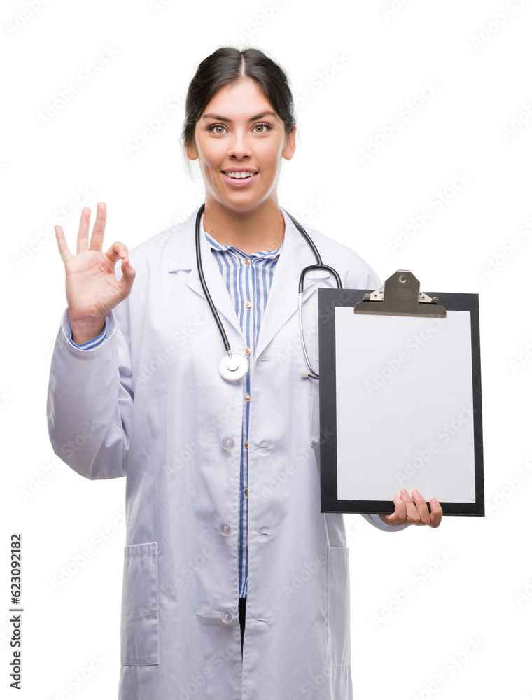 Young hispanic doctor woman holding clipboard doing ok sign with fingers, excellent symbol Young hispanic doctor woman holding clipboard doing ok sign with fingers, excellent symbol
