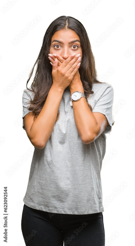 Young beautiful arab woman over isolated background shocked covering mouth with hands for mistake. Secret concept. Young beautiful arab woman over isolated background shocked covering mouth with hands for mistake. Secret concept.
