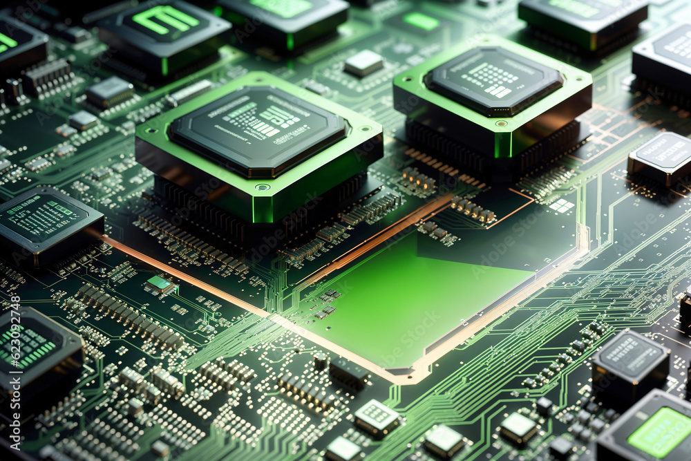 Close-up view of a modern GPU card with circuit and connections 3D rendering Close-up view of a modern GPU card with circuit and connections 3D rendering