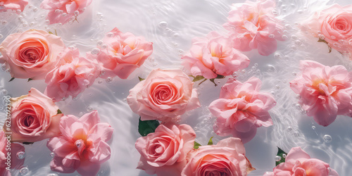 Top view of delicate pastel pink roses in clear water on a white background. Spring wallpaper, spring time concept. Generative AI professional photo imitation.