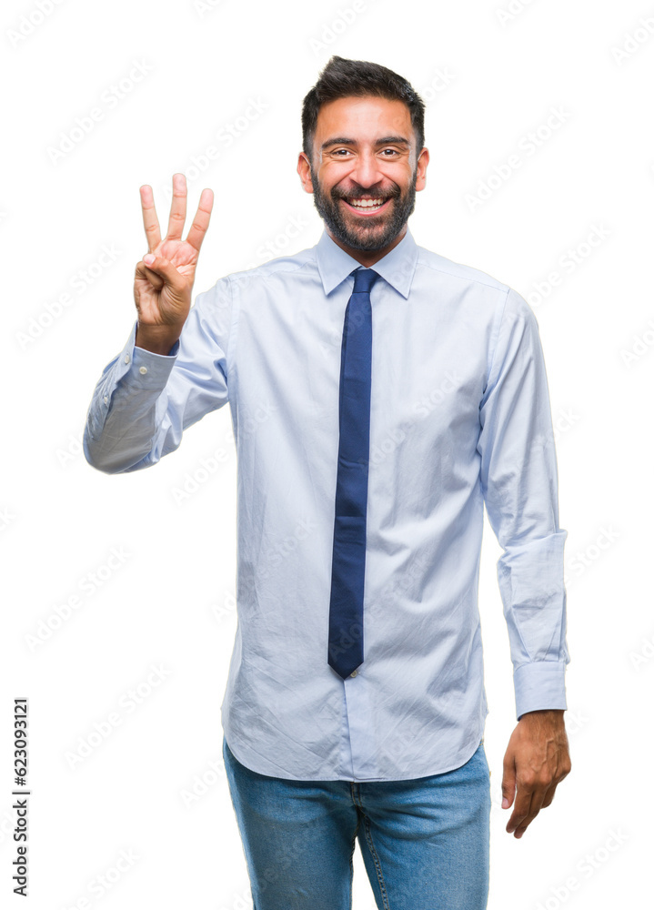 Adult hispanic business man over isolated background showing and pointing up with fingers number three while smiling confident and happy. Adult hispanic business man over isolated background showing and pointing up with fingers number three while smiling confident and happy.