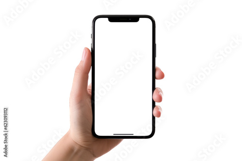 Woman hand holding a mobile phone. Smartphone mockup with transparent screen and cutout PNG background. Generative AI © Ivan Guia