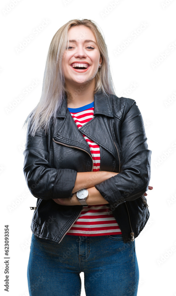 Young blonde woman wearing black jacket over isolated background happy face smiling with crossed arms looking at the camera. Positive person. Young blonde woman wearing black jacket over isolated background happy face smiling with crossed arms looking at the camera. Positive person.