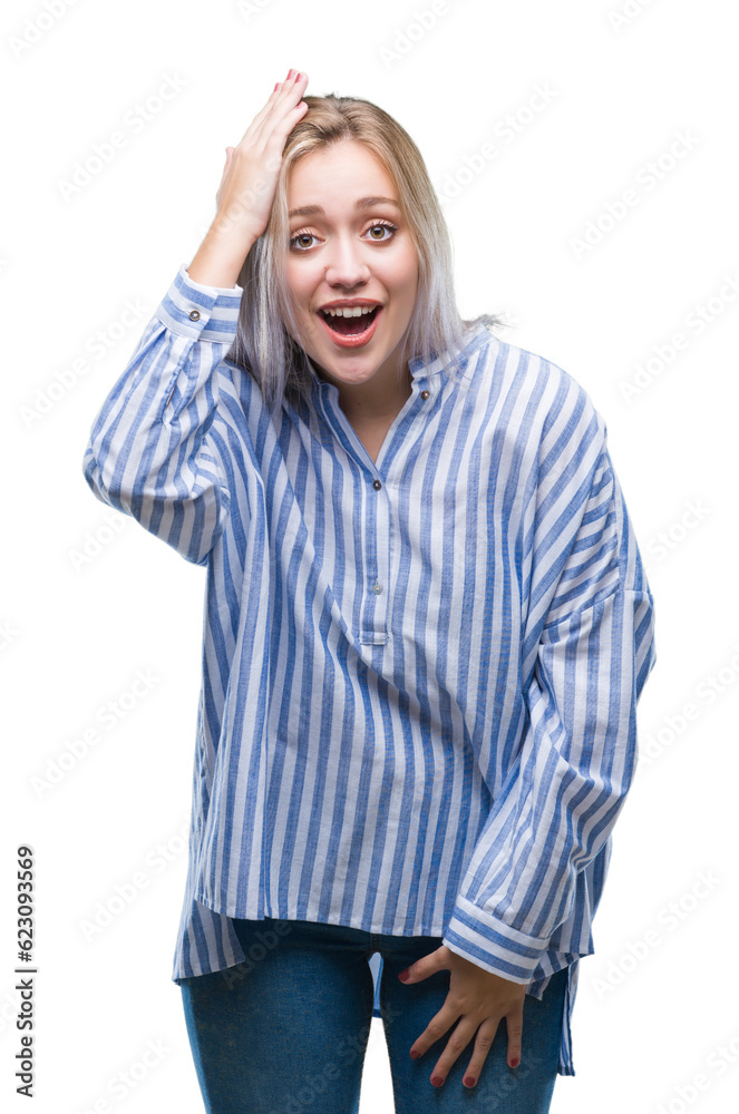 Young blonde woman over isolated background surprised with hand on head for mistake, remember error. Forgot, bad memory concept. Young blonde woman over isolated background surprised with hand on head for mistake, remember error. Forgot, bad memory concept.