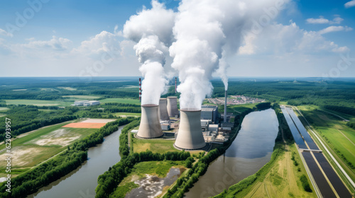 Aerial view of a Nuclear Plant with smoking chimneys