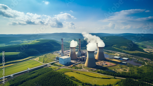 Aerial view of a Nuclear Plant with smoking chimneys photo